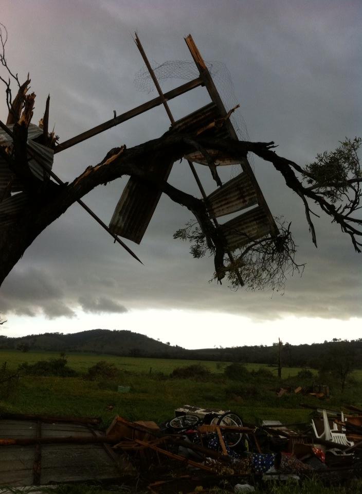 Shed obliterated in a tree after Tornado touches down in Wilmington via Julie Marr