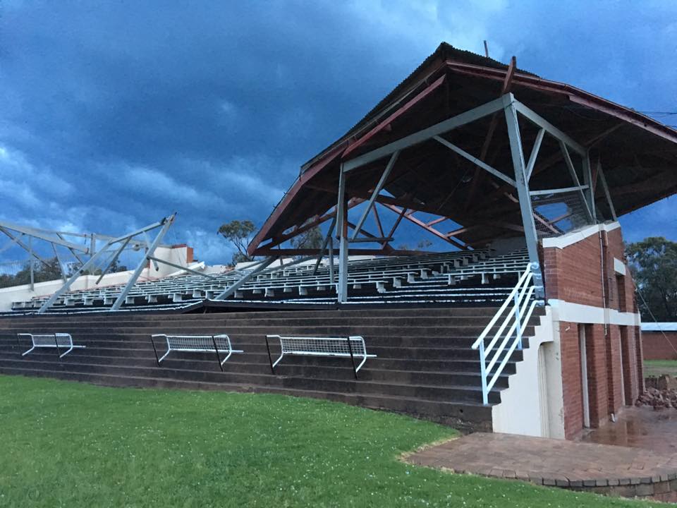 Front view of the Parkes racetrack grandstand via Rodney Ross