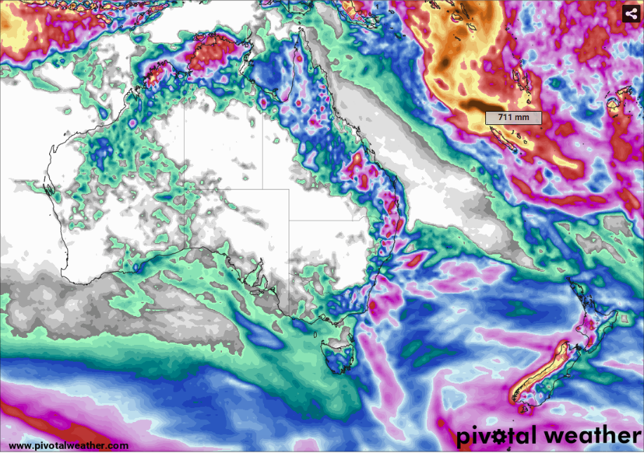 Rainfall totals via PivotalWeather showing widespread falls over 200mm (yellow) and up to 700mm