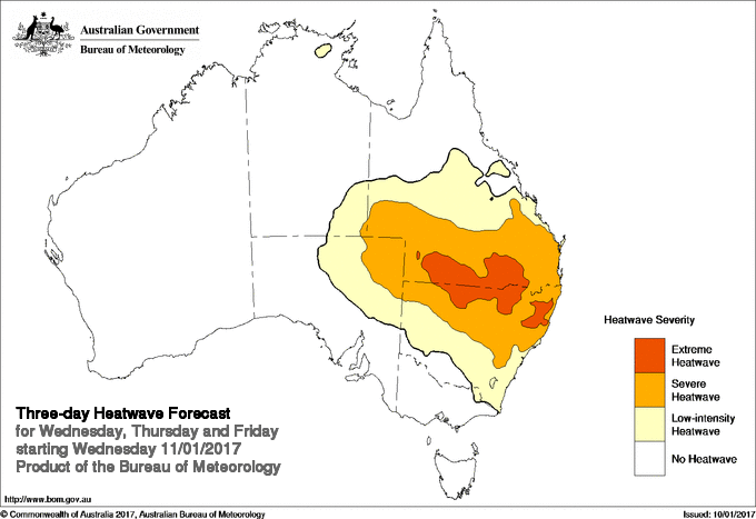 BOM Heatwave Pilot showing Extreme Heatwave conditions for Wednesday, Thursday, Friday