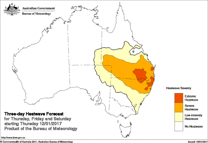 BOM Heatwave Pilot showing Extreme Heatwave conditions for Thursday, Friday, Saturday