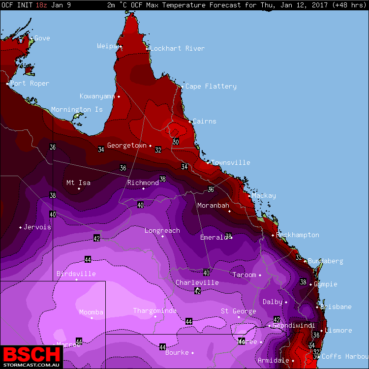 Forecast maximums via OCF for QLD on Thursday (January 12th)