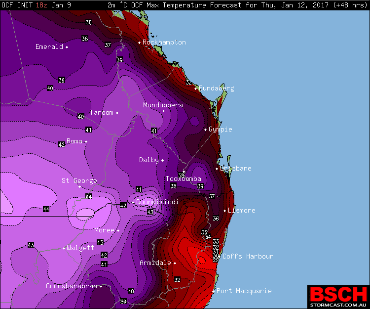 Forecast maximums via OCF for SEQ/NENSW on Thursday (January 12th)