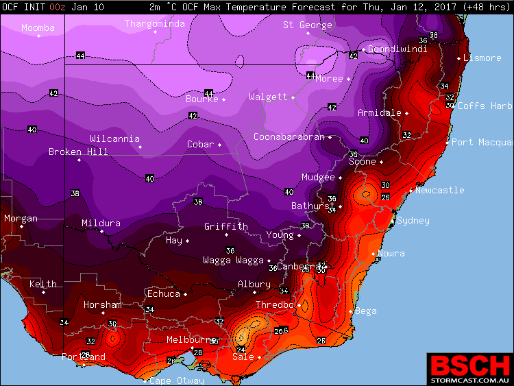 Forecast maximums via OCF for NSW on Thursday (January 12th)