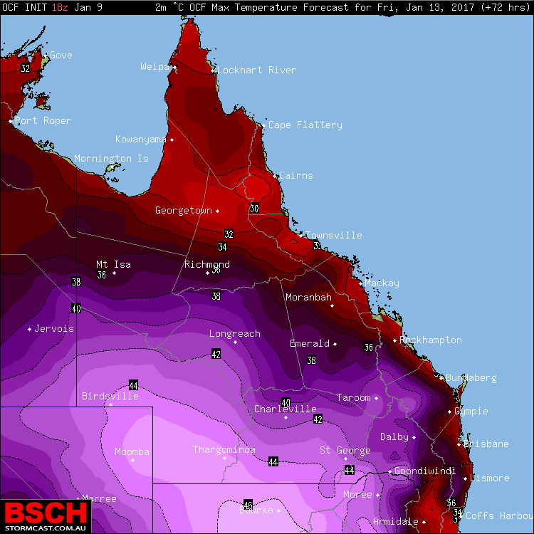 Forecast maximums via OCF for QLD on Friday (January 13th)