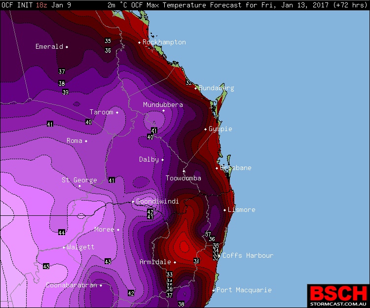 Forecast maximums via OCF for SEQ/NENSW on Friday (January 13th)