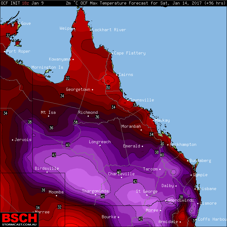 Forecast maximums via OCF for QLD on Saturday (January 14th)