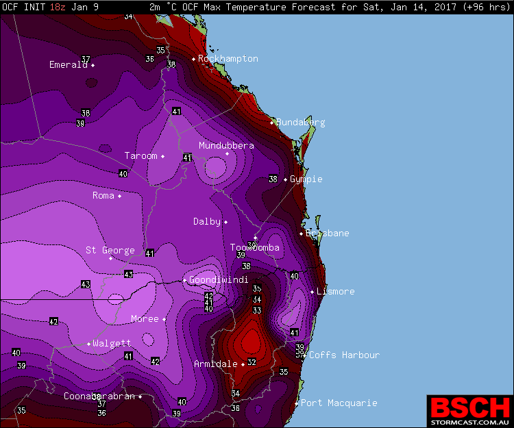Forecast maximums via OCF for SEQ/NENSW on Saturday (January 14th)