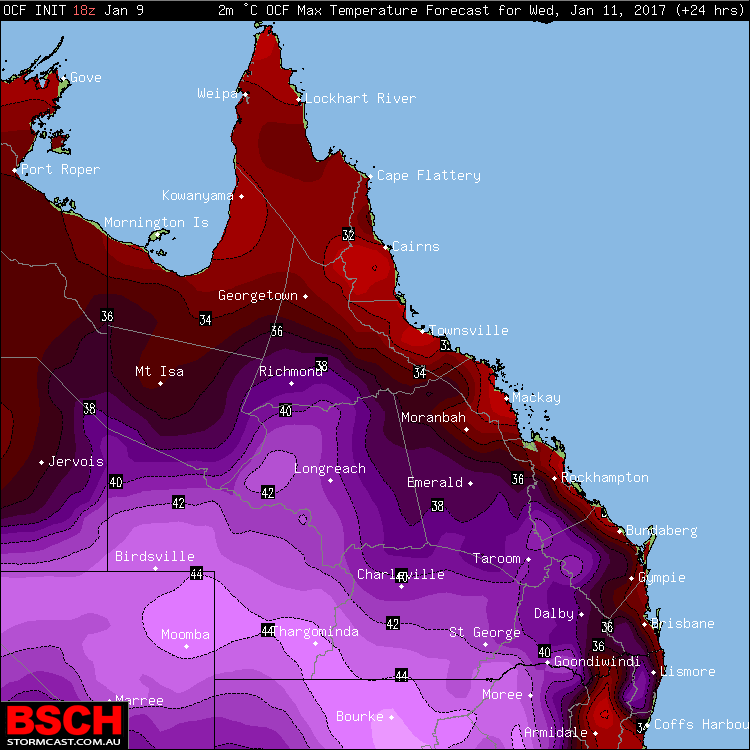 Forecast maximums via OCF for QLD on Wednesday (January 11th)