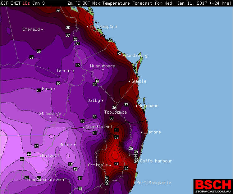 Forecast maximums via OCF for SEQ/NENSW on Wednesday (January 11th)