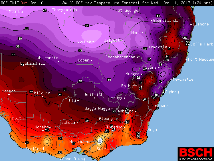 Forecast maximums via OCF for NSW on Wednesday (January 11th)