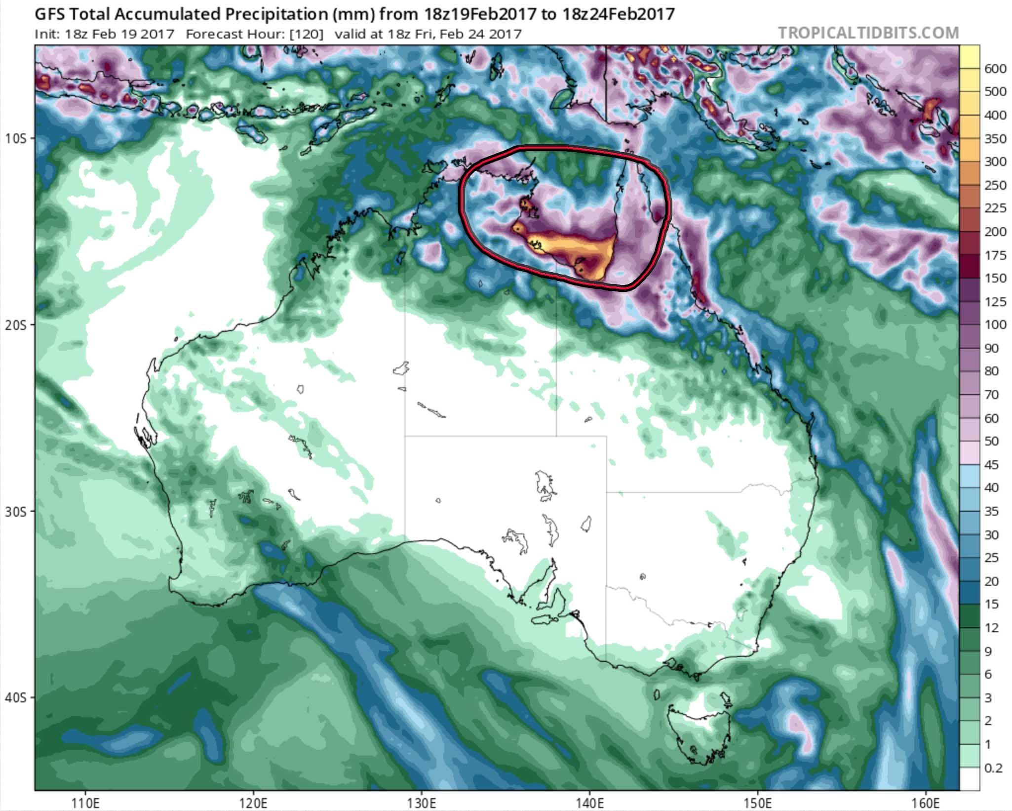 Forecast 5 day rainfall via Tropicaltidbits
