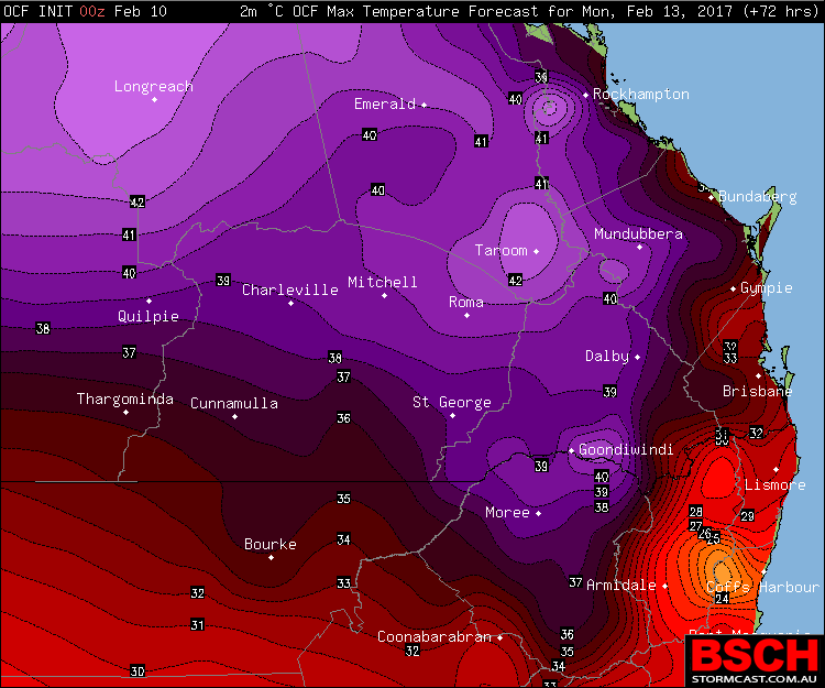 OCF Forecast Maximums for Southern QLD / Northern NSW (Monday February 13th)