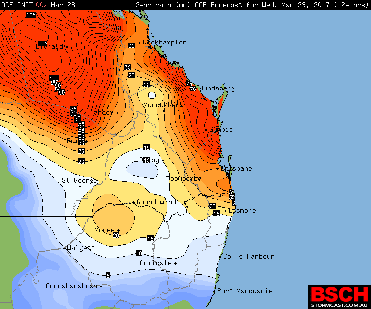 OCF Forecast Rainfall via BSCH for Wednesday (totals are conservative and can be doubled)