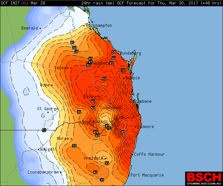 OCF Forecast Rainfall via BSCH for Thursday (totals are conservative and can be doubled)