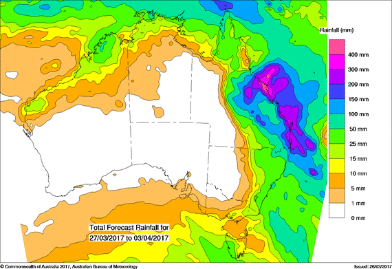 8 day rainfall map via BOM from March 27 to April 3 inclusive
