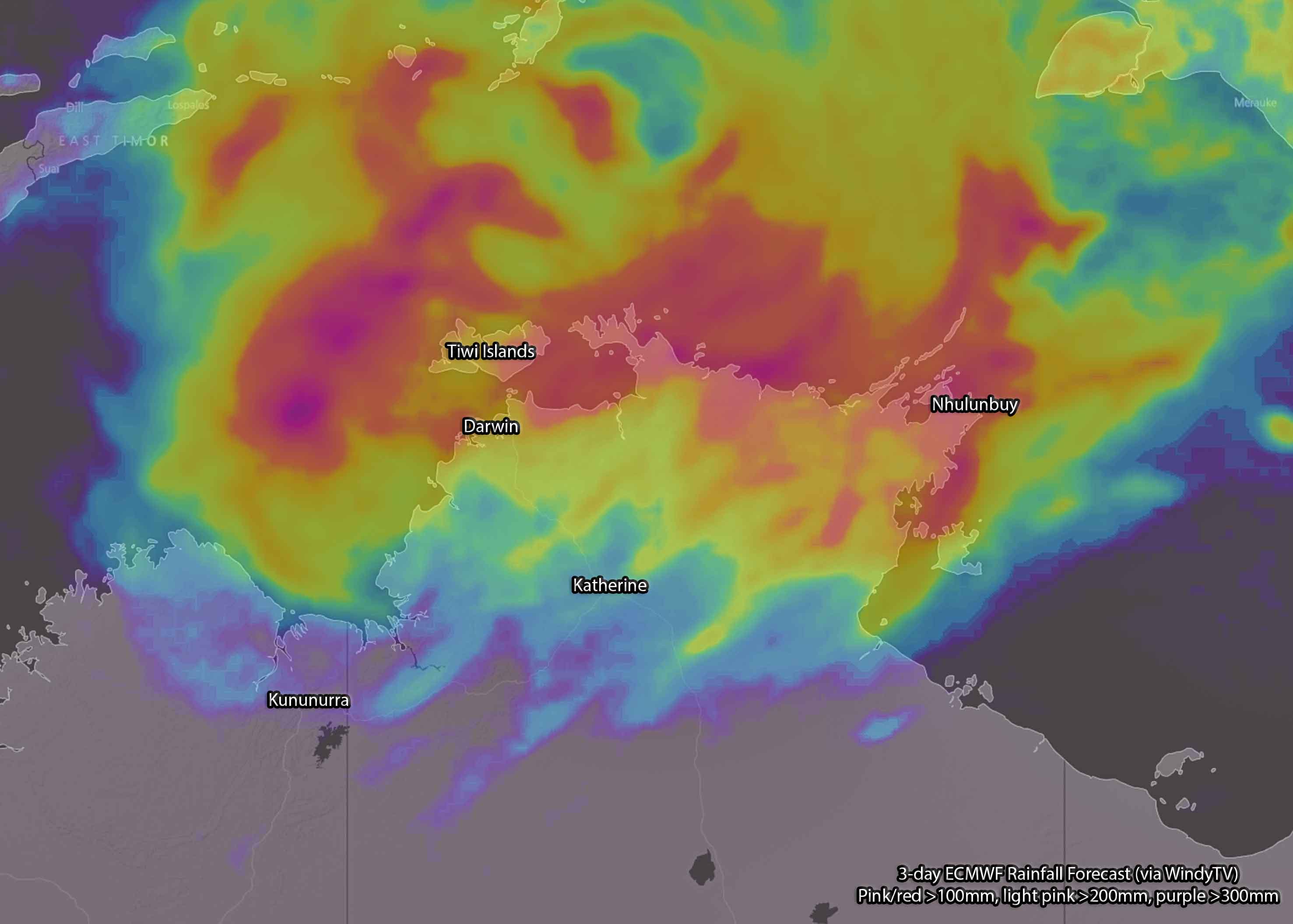 Forecast 3-day rainfall via ECMWF (WindyTV) - red/pink >100mm, light pink >200mm, purple >300mm
