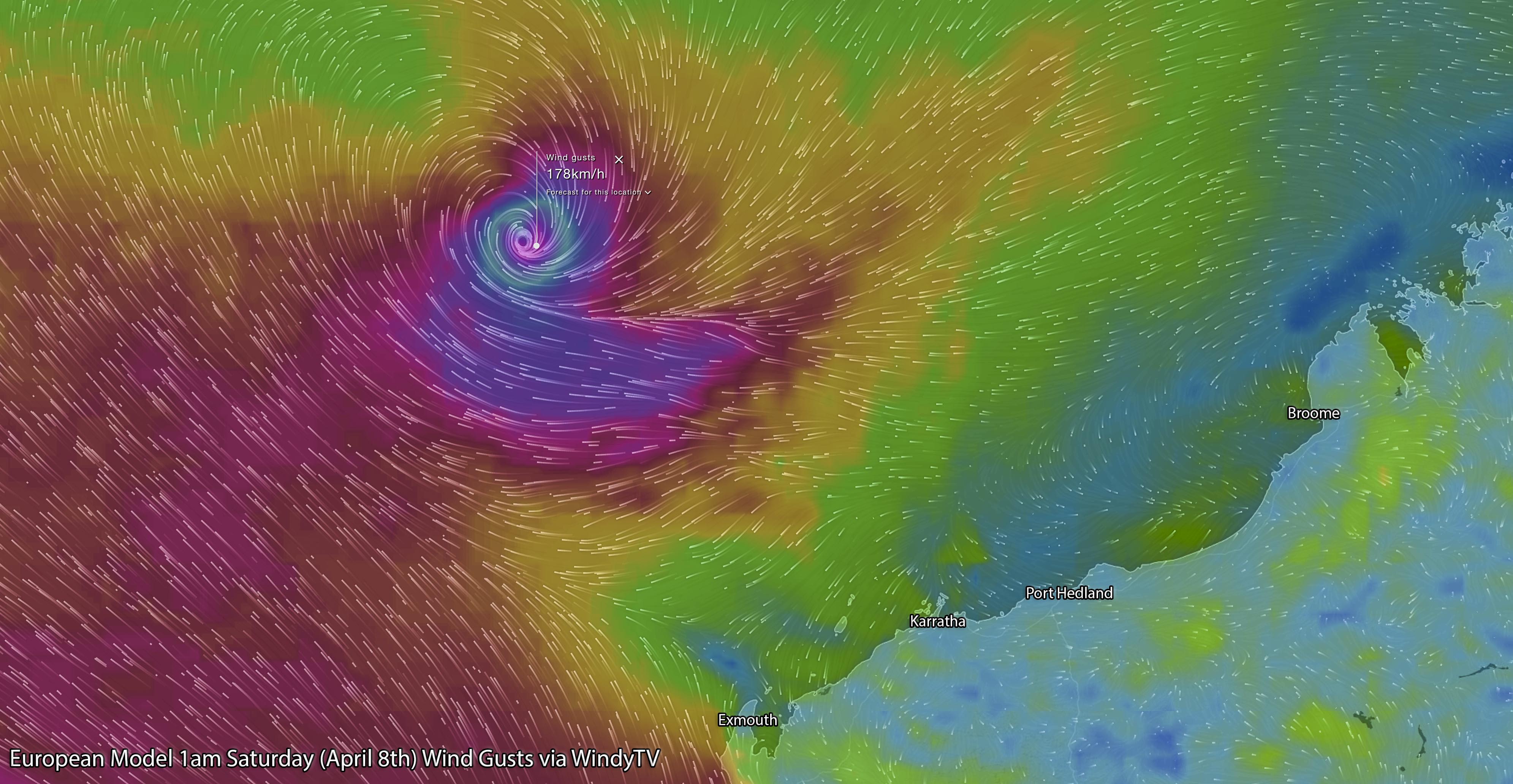 European Model via WindyTV showing Category 3 strength at 1am Saturday