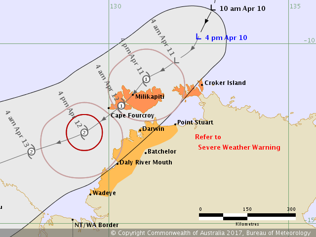 BOM Forecast Track for Tropical Low / Cyclone Frances issued 5:15pm ACST Monday, April 10th