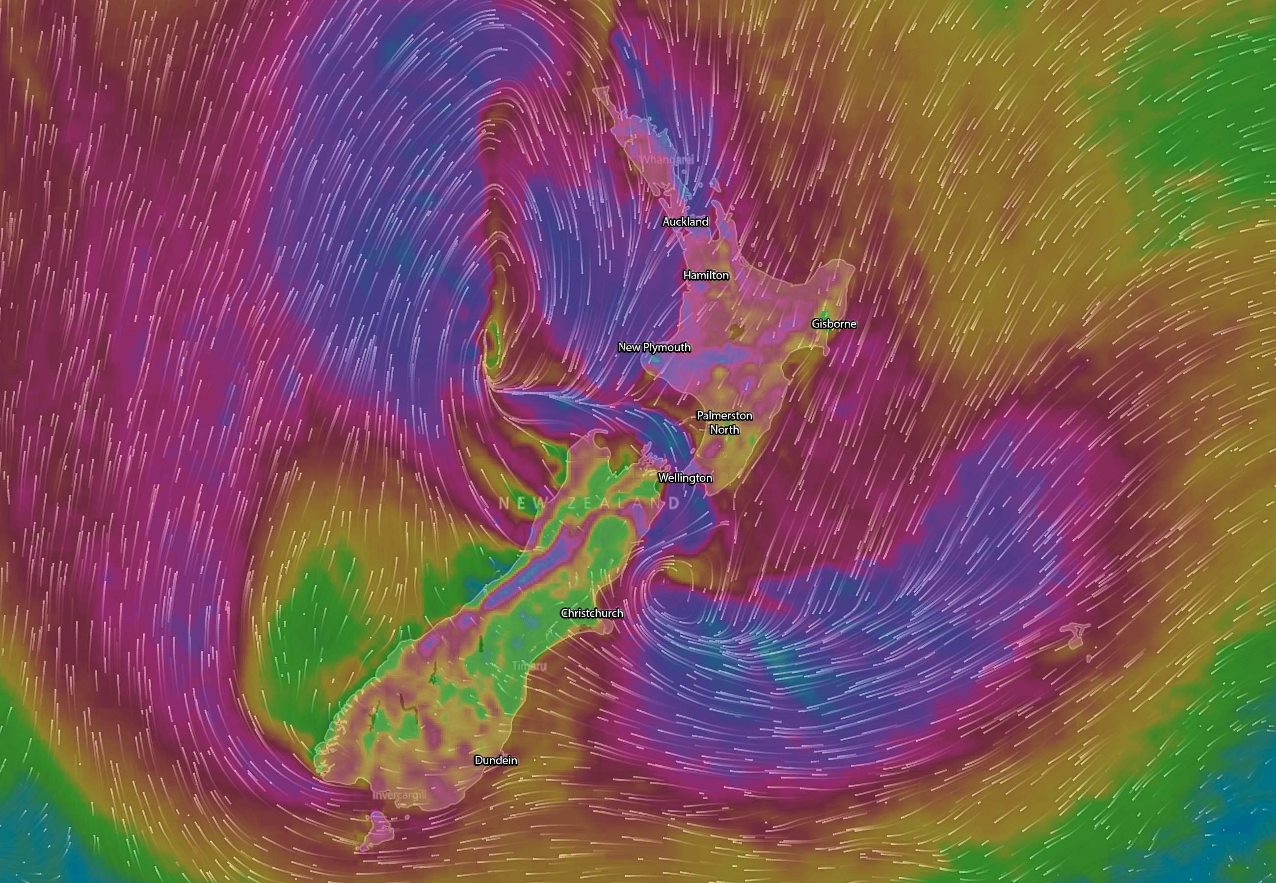 Forecast wind gusts (purple >80km/h) Wednesday afternoon via WindyTV