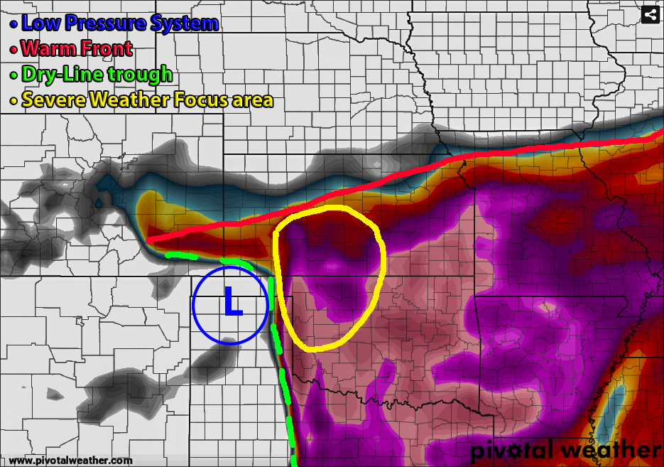 Instability chart (pink/skin colour is extreme instability) via PivotalWeather with overlay Dry-Line, Warm Front and Severe Threat features