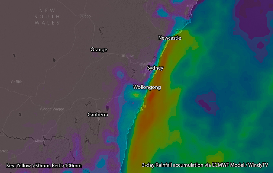 Forecast rainfall via EC/Windy TV - Yellow indicates over 50mm, red over 100mm. Falls are localised to the direct Coastline