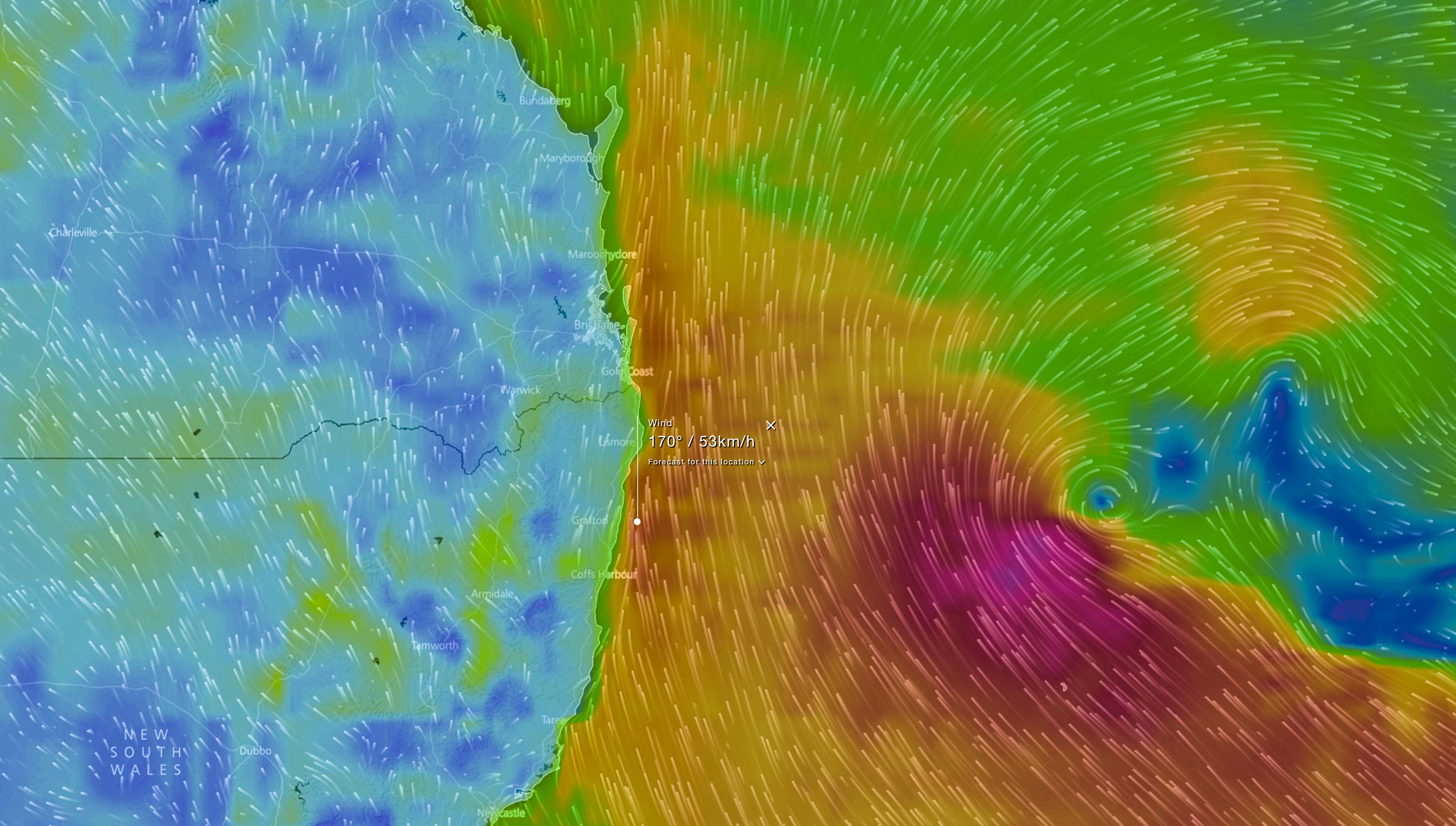 Forecast winds via EC Model / WindyTV during Monday morning (red >50km/h, purple >90km/h)
