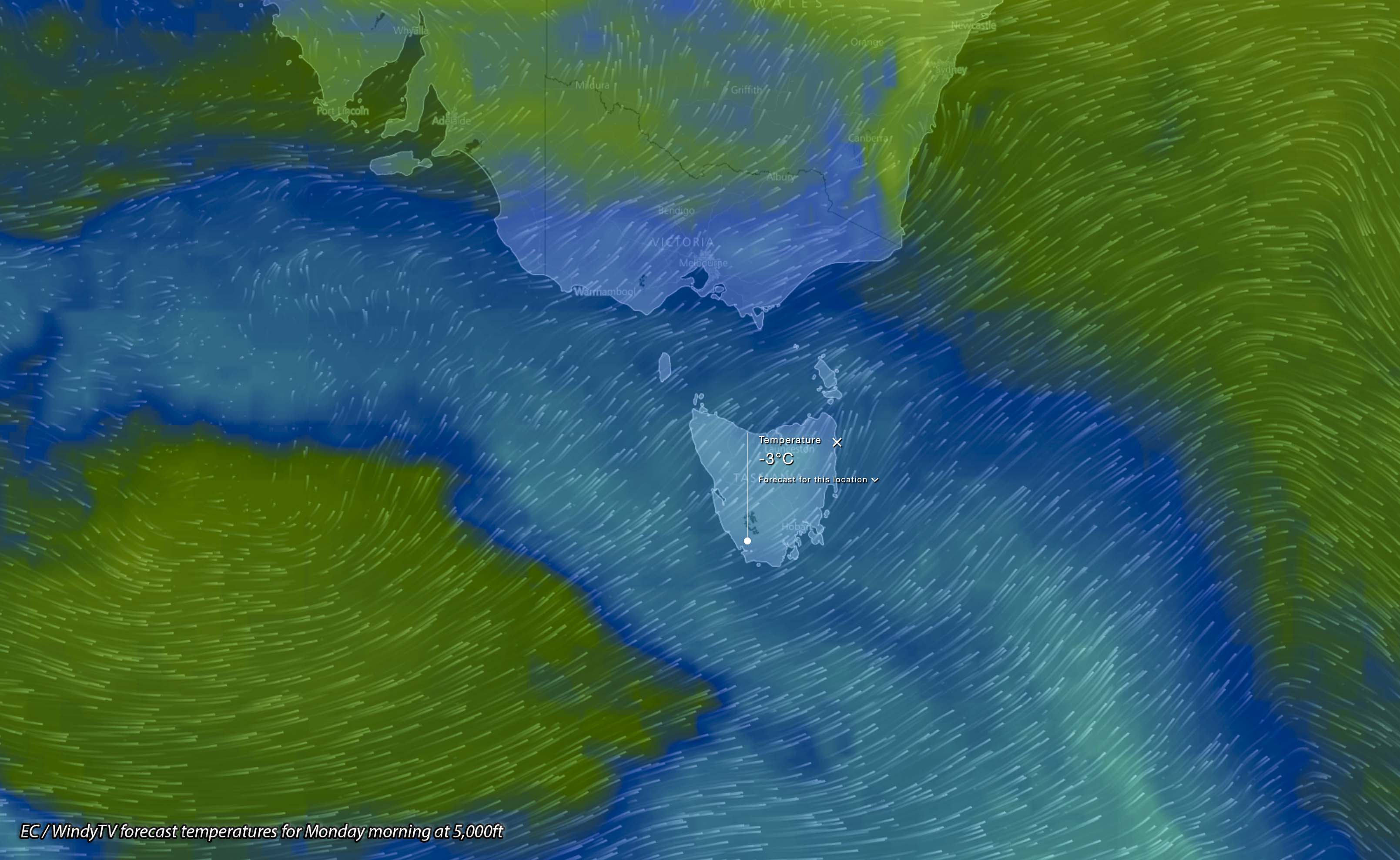 Forecast températures at 5,000ft / 1500m via EC Model for the early hours of Monday Morning via WindyTV