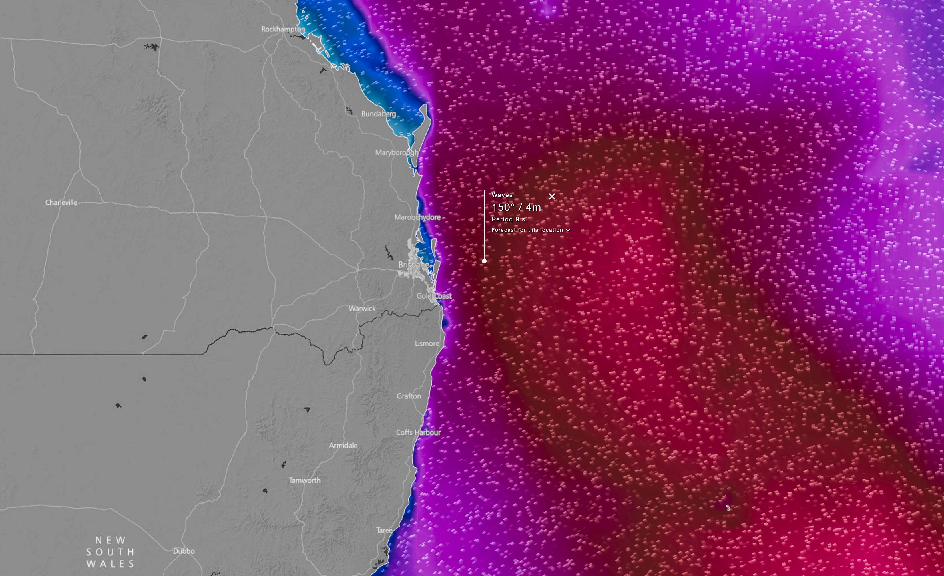 Forecast wave heights via EC Model / WindyTV on Tuesday (June 20th) - maroon 4m height, lighter red >5m