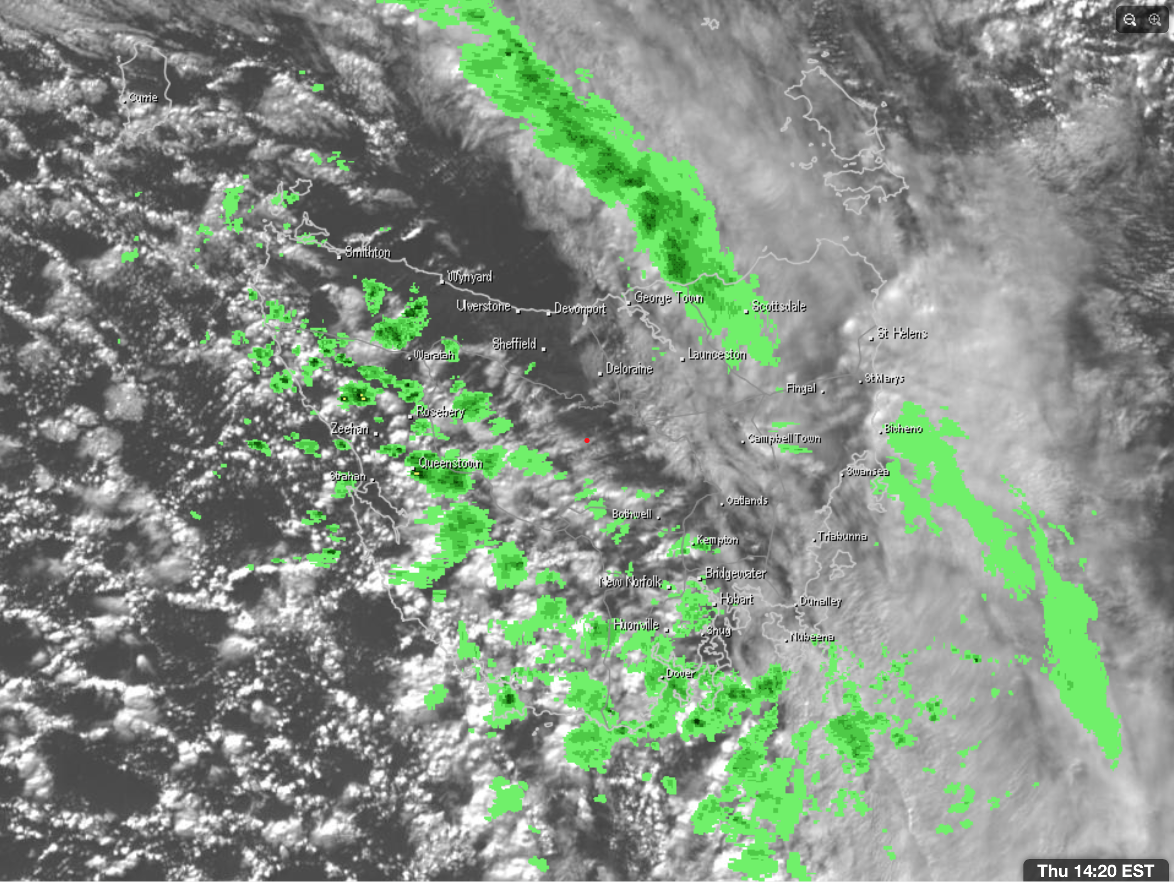 2:30pm radar and satellite of Tasmania showing the showers impacting the West via Weatherzone