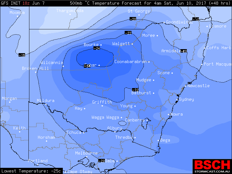 Forecast position of the cold pool at 4am Saturday via BSCH/GFS