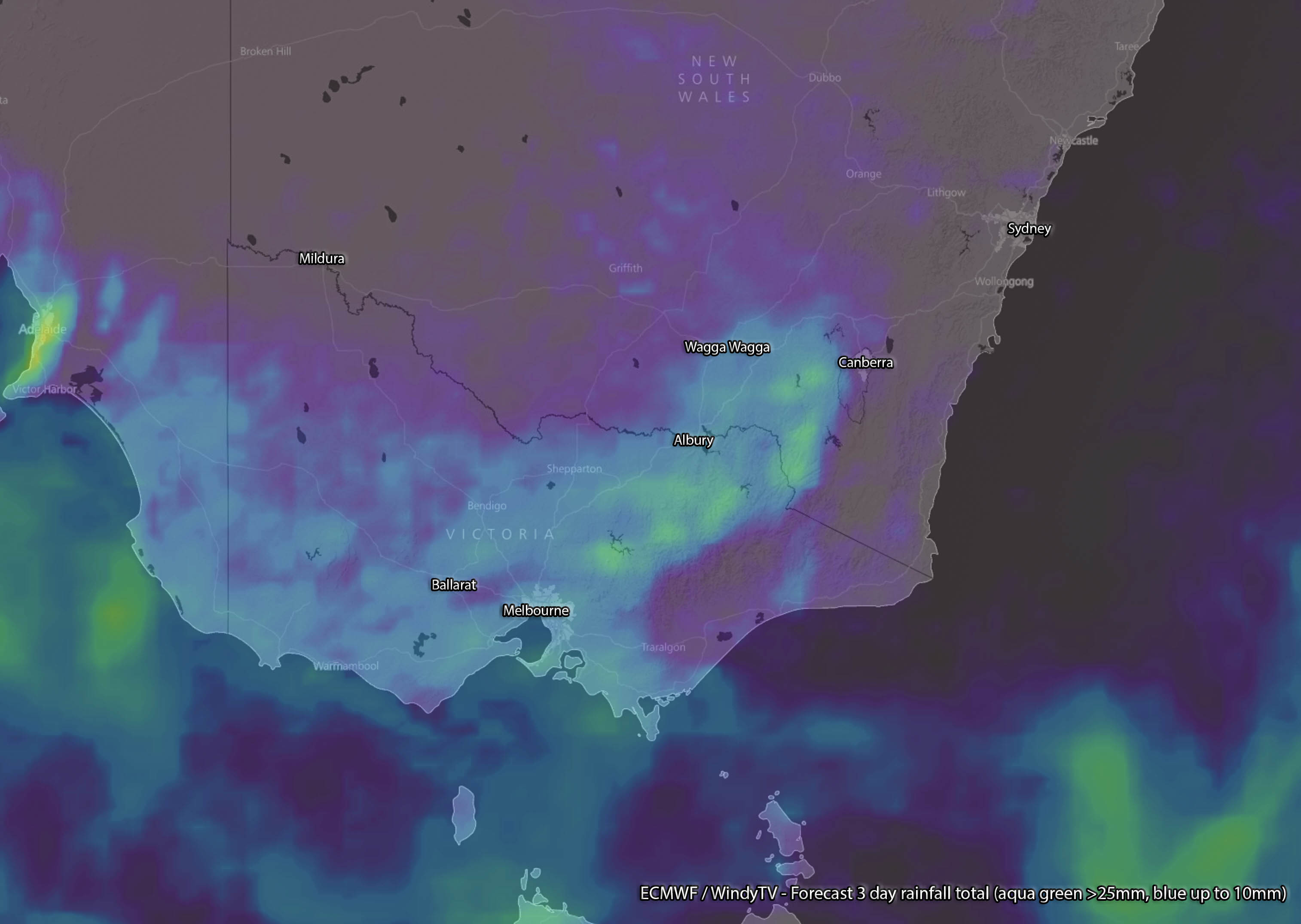 ECMWF / WindyTV - Forecast 3 day rainfall with blue being around 10mm and green / aqua being as much as 25mm