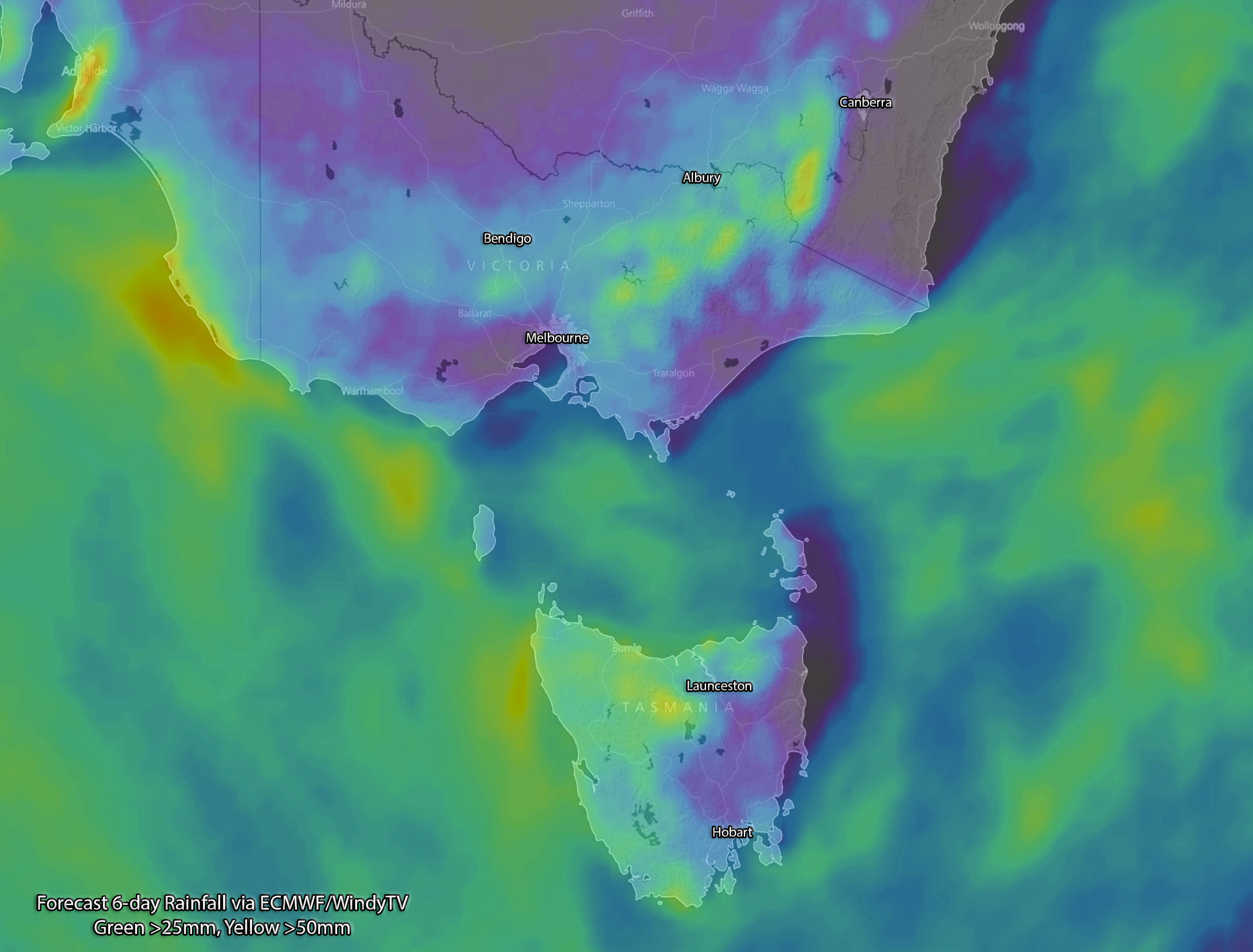 Forecast rainfall via WindyTV / ECMWF showing over 50mm in yellow and over 25mm in green