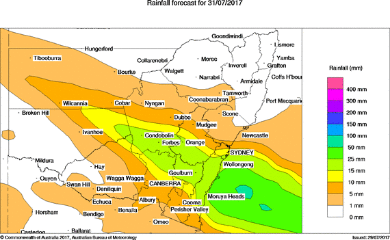 Forecast rainfall via BOM for Monday