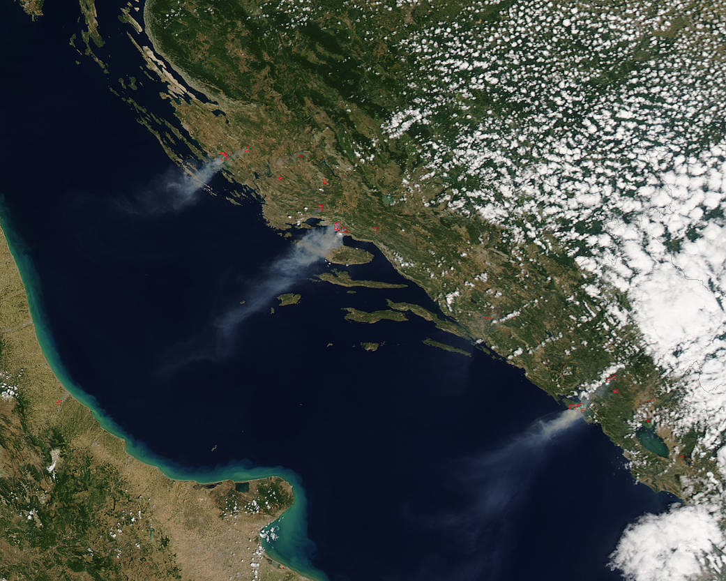 Satellite imagery from NASA showing the fires along the Adriatic Coastline in Montenegro and Croatia