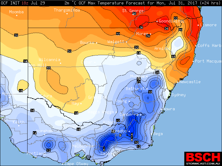 Forecast Maximum Temperatures via BSCH / OCF for Monday