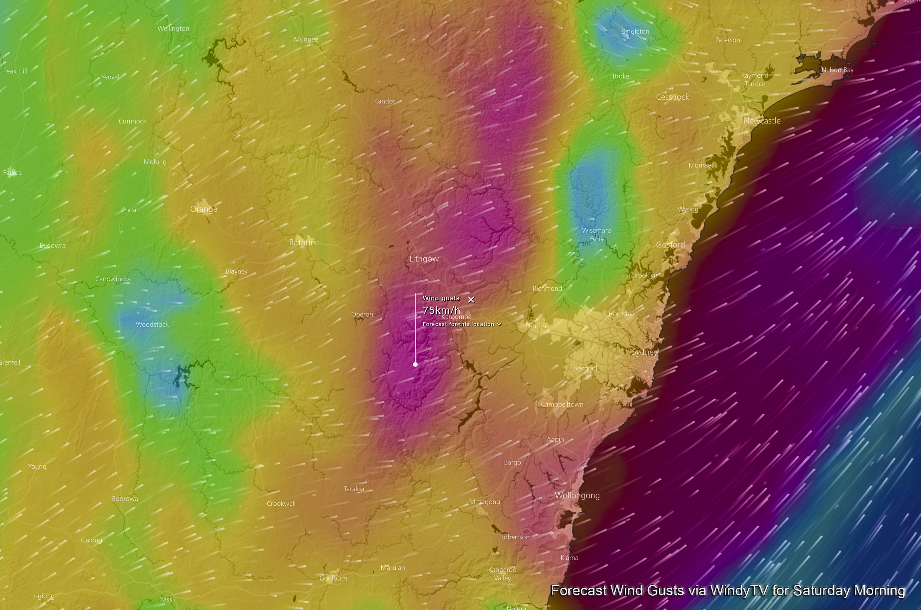 Forecast Wind Gusts via WindyTV for Saturday Morning