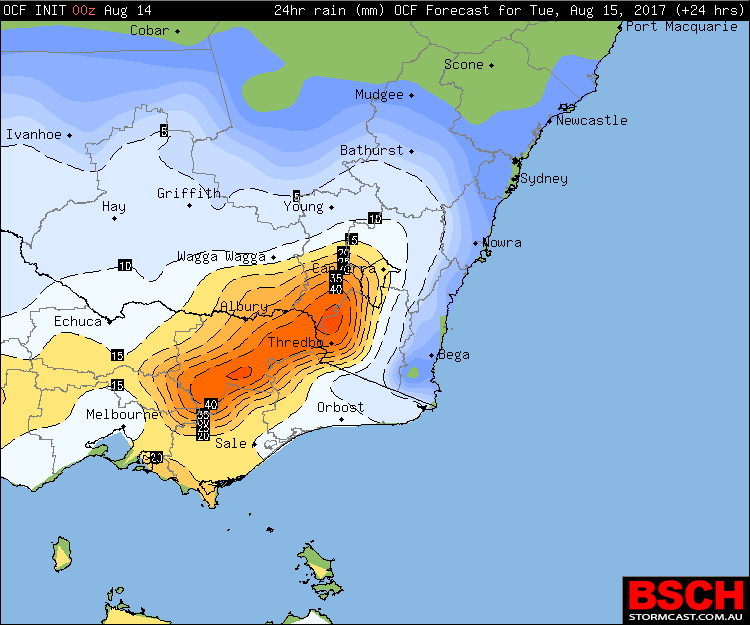 Forecast Rainfall on Tuesday via BSCH / OCF. Totals are conservative and may be doubled.