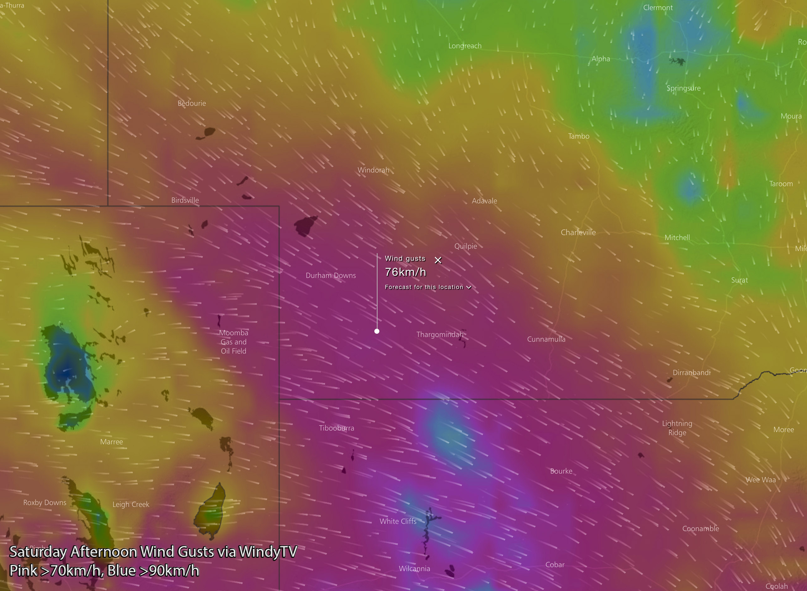 Wind gusts on Saturday via WindyTV - Pink is over 70km/h, blue/aqua is over 90km/h