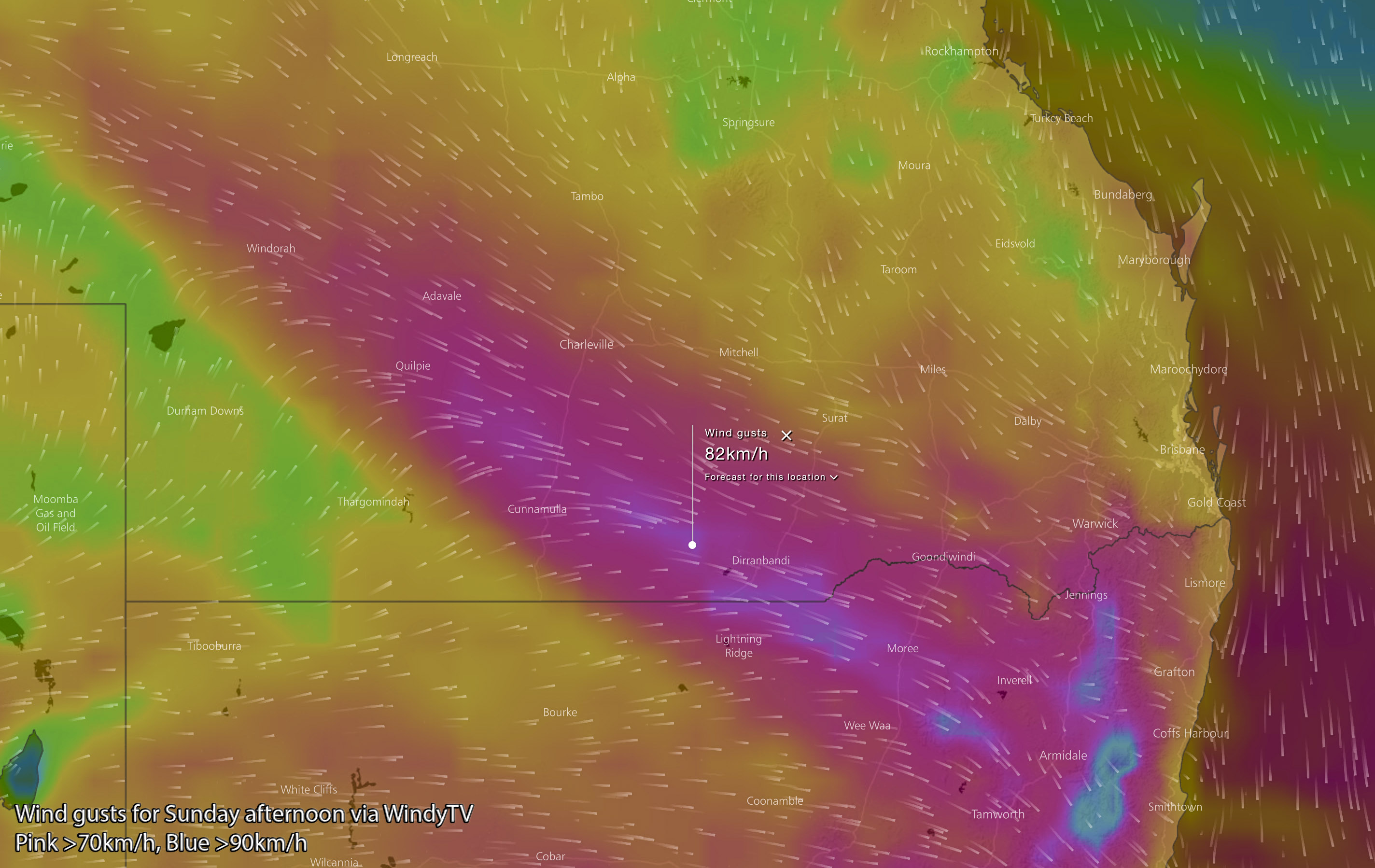 Wind gusts on Sunday via WindyTV - Pink is over 70km/h, blue/aqua is over 90km/h
