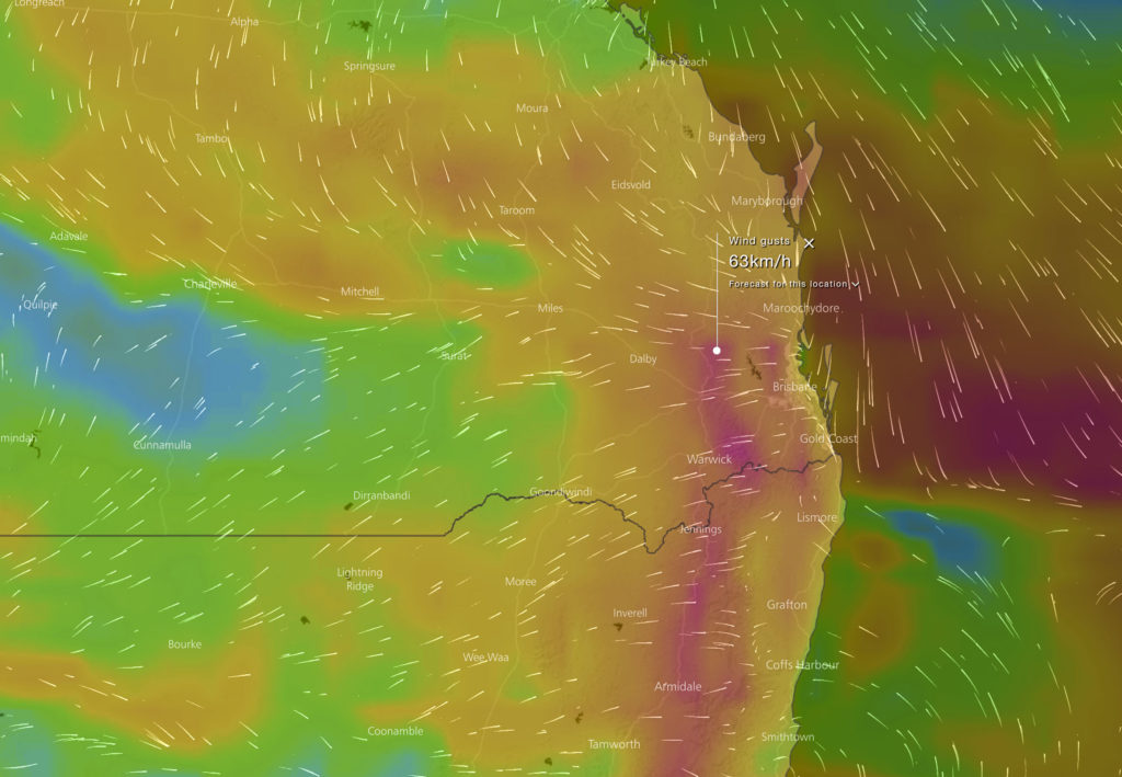 Forecast wind gusts for Thursday via WindyTV