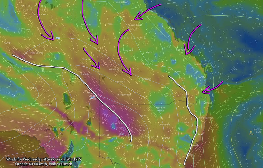 Forecast winds for Wednesday afternoon via WindyTV. Both white lines indicate surface trough's, with purple lines indicating the wind direction. Yellow/orange shading is 40km/h+ with pink shading over 60km/h.