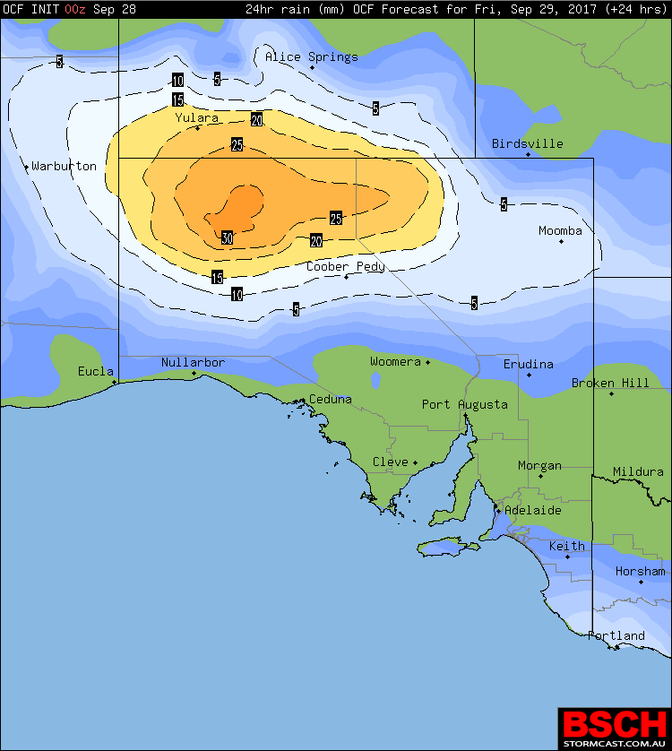 Forecast 24hr rainfall for Northern SA / Southern NT via OCF on Friday. Rainfall totals may be doubled due to the conservative nature of the model