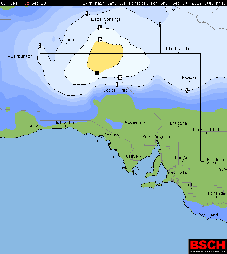 Forecast 24hr rainfall for Northern SA / Southern NT via OCF on Saturday. Rainfall totals may be doubled due to the conservative nature of the model
