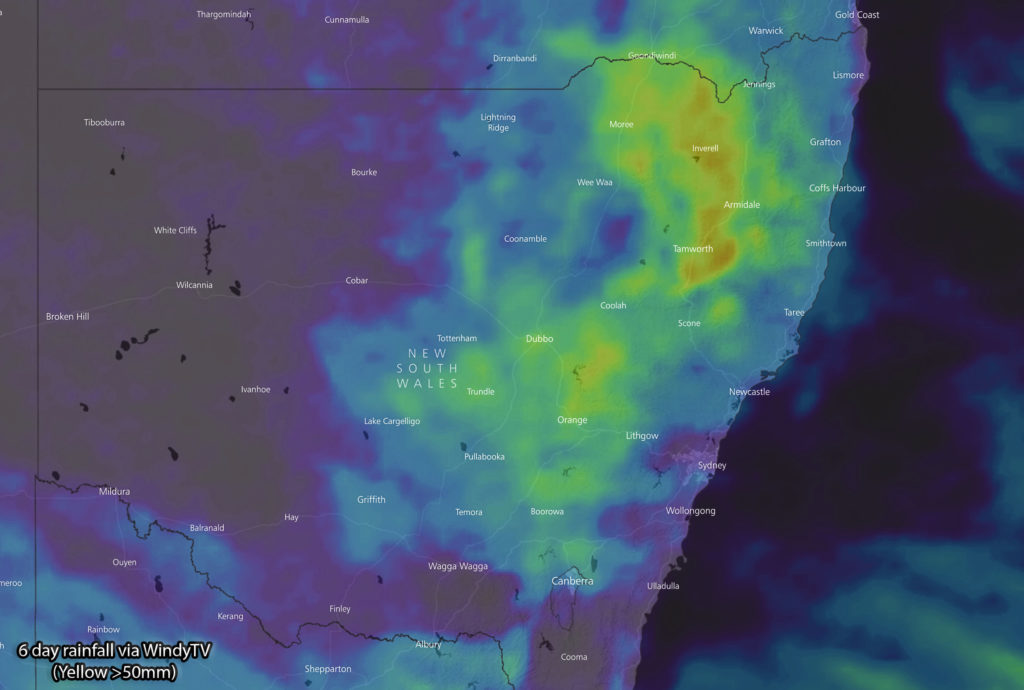 Forecast 6 day rainfall via WindyTV (yellow shading >50mm)
