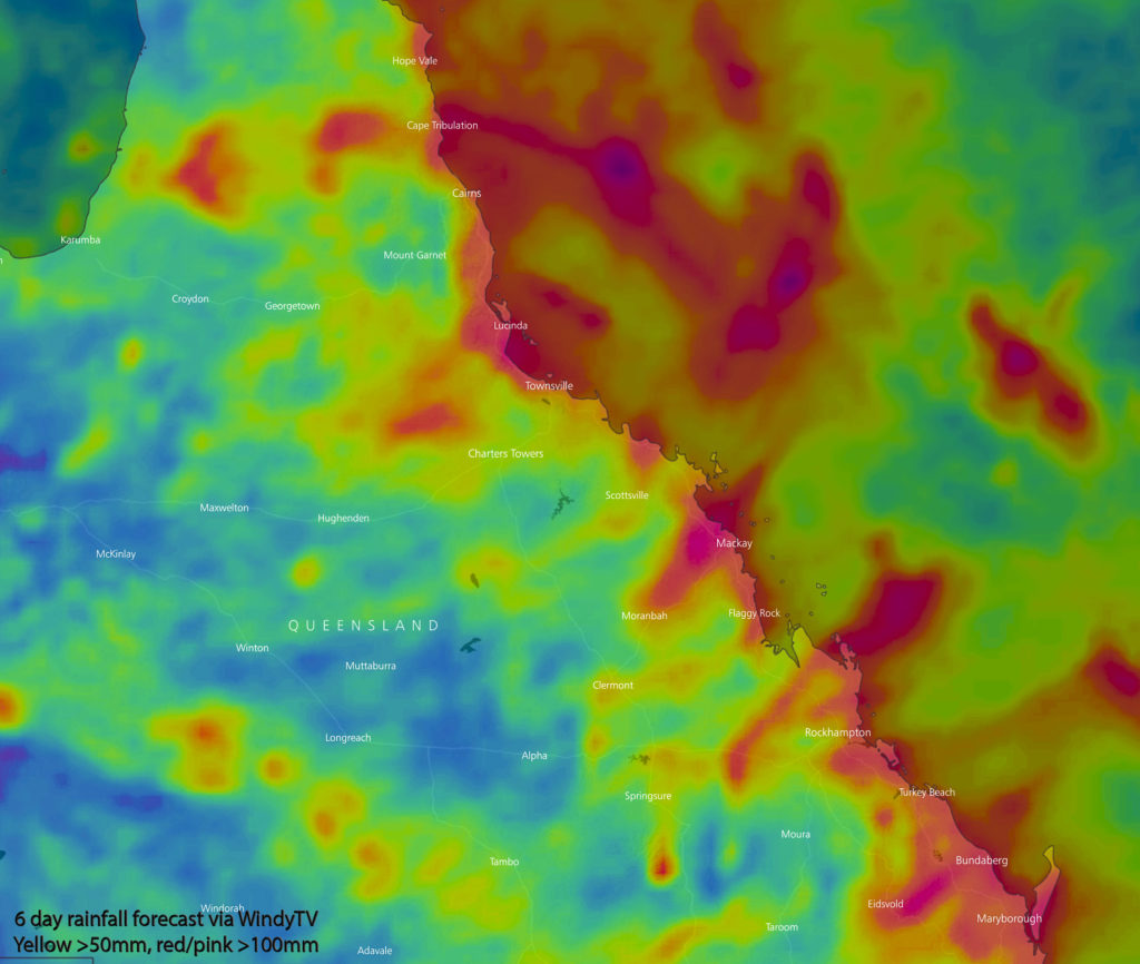 Forecast 6 day rainfall via WindyTV (EC Model) showing falls of 50mm+ (yellow) and 100mm+ (red/pink) along the QLD Coast