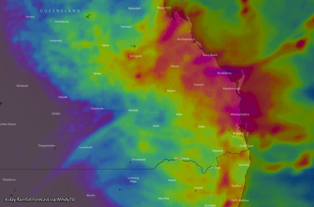 Forecast 6 day rainfall from Thursday until Tuesday via EC Model / WindyTV Yellow indicates 50mm+, red/pink indicates 100mm+