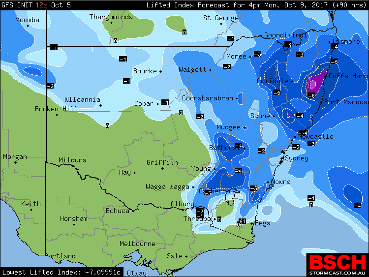 Forecast instability which may lead to showers and storms in the blue and purple sections during Monday (most widespread day for Eastern / Northern NSW during the next week) via BSCH