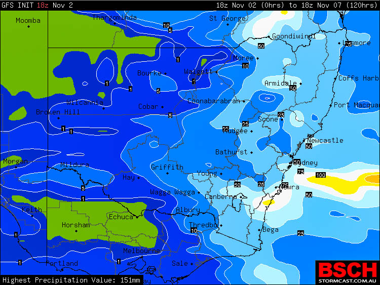 Forecast 5 day rainfall via GFS / BSCH for NSW
