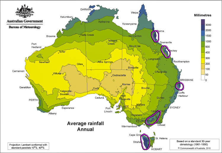 Areas circled in purple are heavily influenced by orographic lift. The image shows average rainfall across Australia via BOM